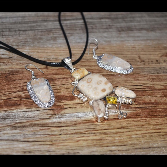 Agatized Fossil Coral Pendant & Earrings Set - Picture 2 of 6
